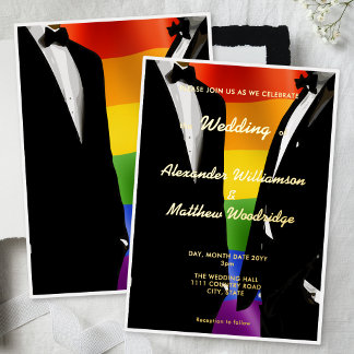 Elegant Modern Gay Men Wedding Rainbow Gold 箔招待状