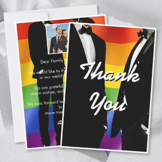 Elegant Modern Gay Men Wedding Rainbow Photo サンキューカード