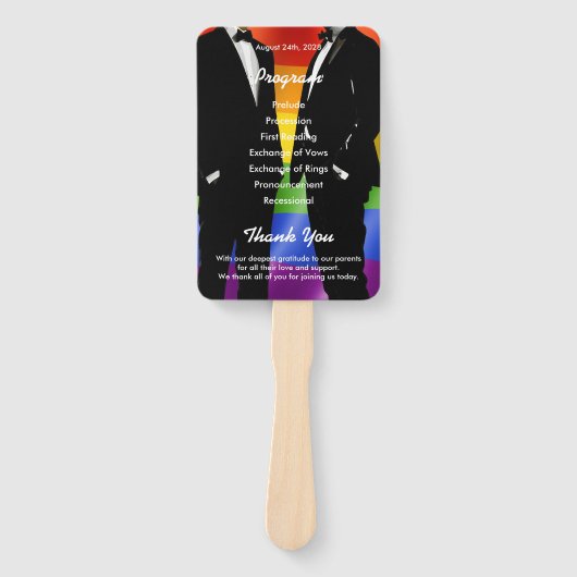 Elegant Modern Gay Men Wedding Rainbow Program ハンドファン (正面)