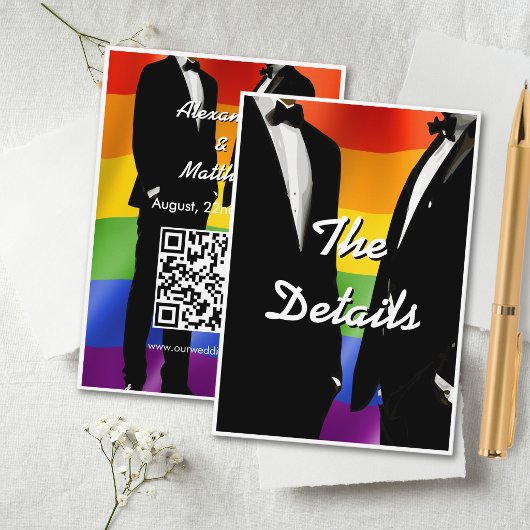 Elegant Modern Gay Men Wedding Rainbow QR Code エンクロージャーカード