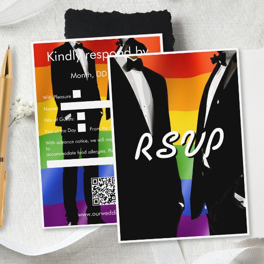 Elegant Modern Gay Men Wedding Rainbow QR Code 出欠カード