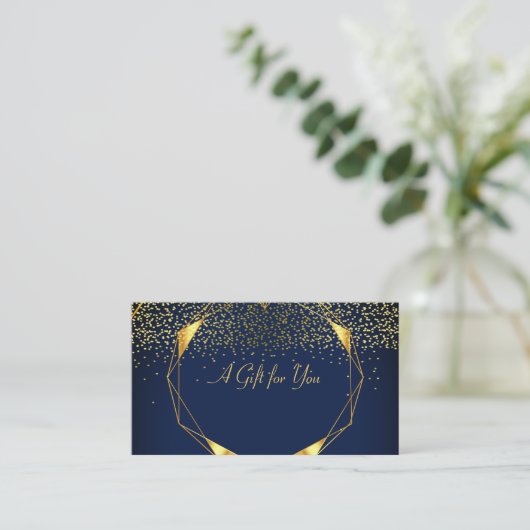 Elegant Modern Geometric Gold Lines, Confetti Blue 割引カード (スタンド正面)