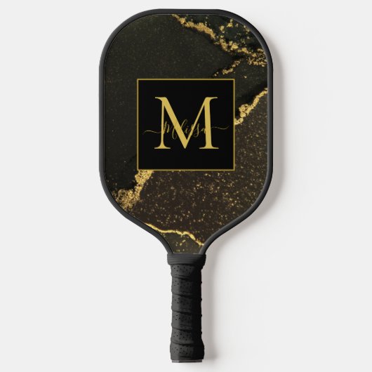 Elegant Modern Gold and Black Marbled Monogram ピックルボールラケット (正面)
