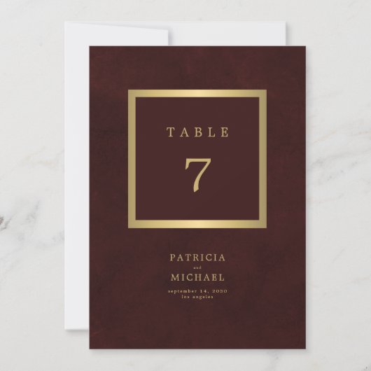 Elegant modern gold burgundy wedding table number (正面)