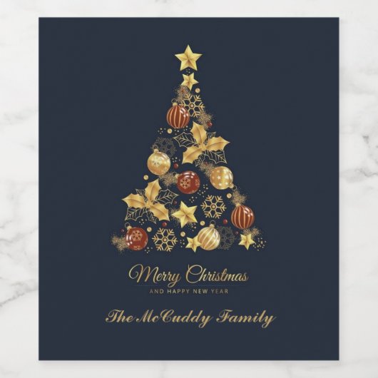 Elegant Modern Gold Merry Christmas Tree Design ワインラベル (シングルラベル)
