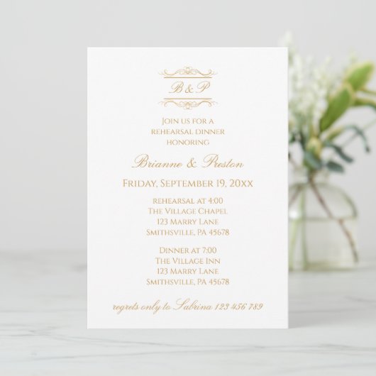 Elegant Modern Gold Monogram Rehearsal Dinner 招待状 (スタンド正面)