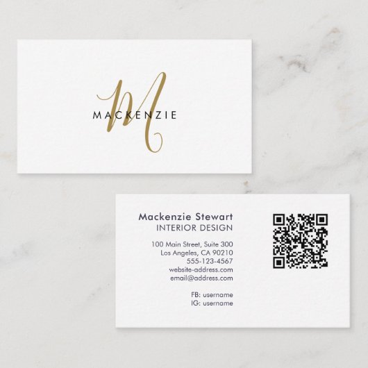 Elegant Modern Gold Script Monogram QR Code 名刺 (正面/裏面)