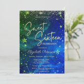 Elegant Modern Gold Stars Blue Green Sweet 16 招待状 (スタンド正面)