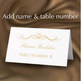 Elegant Modern Gold & White Wedding Name & Table プレイスカード