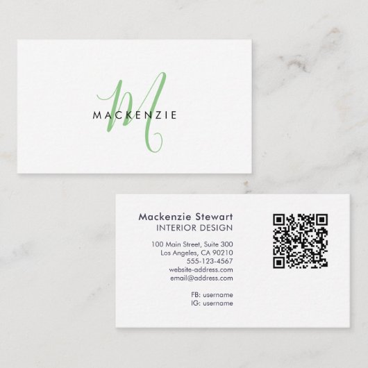 Elegant Modern Green Script Monogram QR Code 名刺 (正面/裏面)