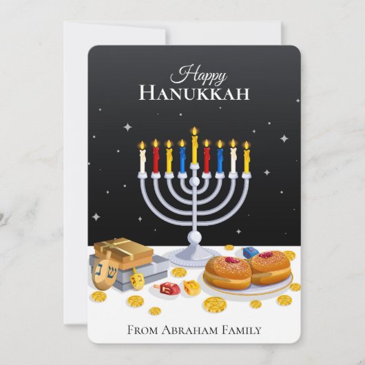 Elegant Modern Hanukkah Menorah Sufganiyot Dreidel シーズンカード (正面)