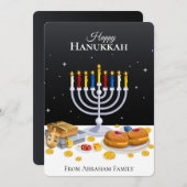 Elegant Modern Hanukkah Menorah Sufganiyot Dreidel シーズンカード (正面/裏面)