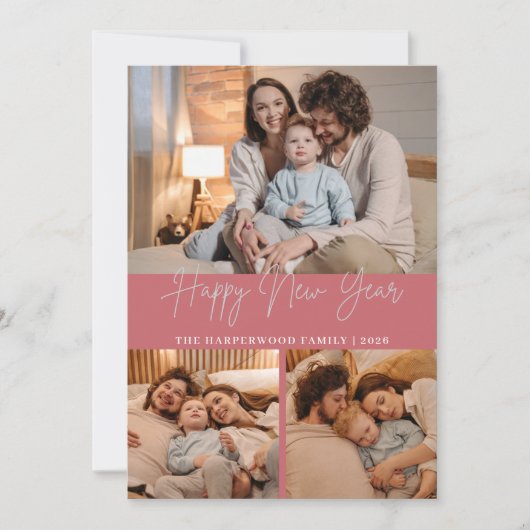 Elegant Modern Happy New Year Black 3 Collage シーズンカード (正面)