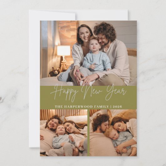 Elegant Modern Happy New Year Black 3 Collage シーズンカード (正面)