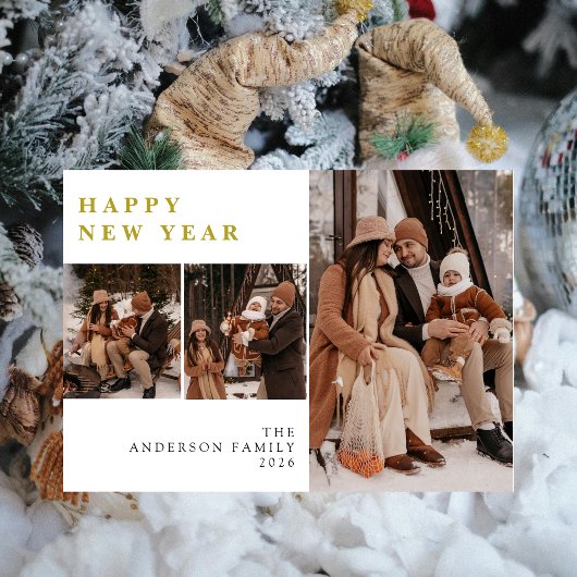 Elegant Modern Happy New Year Family 3 Photo シーズンカード