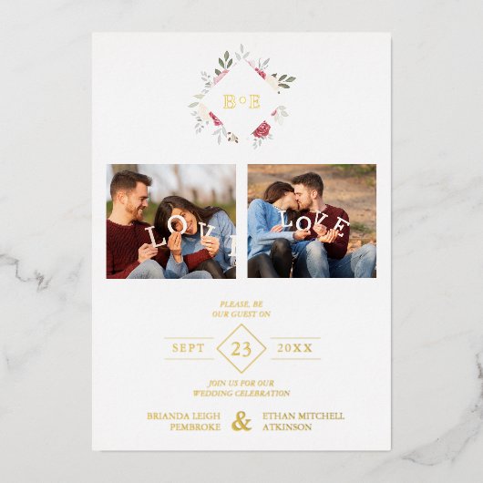 Elegant Modern Initials Floral Diamond 2 Photos 箔招待状 (正面)