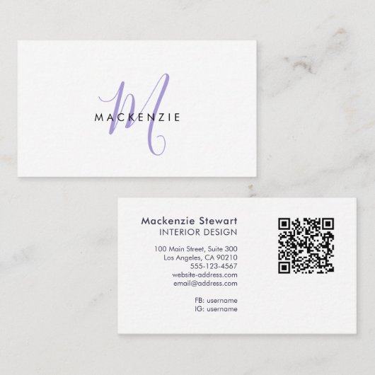 Elegant Modern Lavender Script Monogram QR Code 名刺 (正面/裏面)