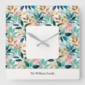 Elegant Modern Leaf Pattern Personalized スクエア壁時計 (正面)
