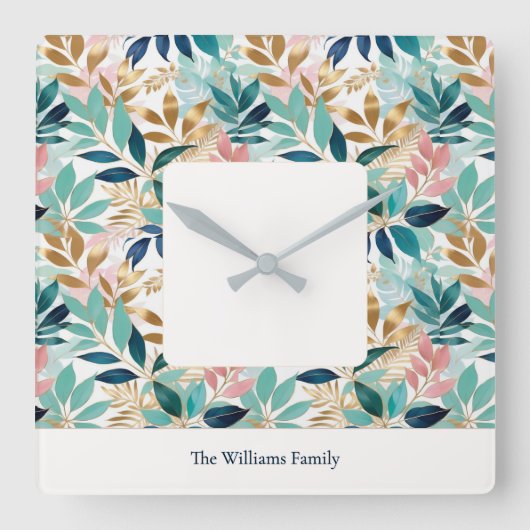 Elegant Modern Leaf Pattern Personalized スクエア壁時計 (正面)