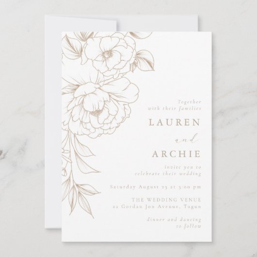 Elegant Modern Line Art Floral Wedding 招待状 (正面)