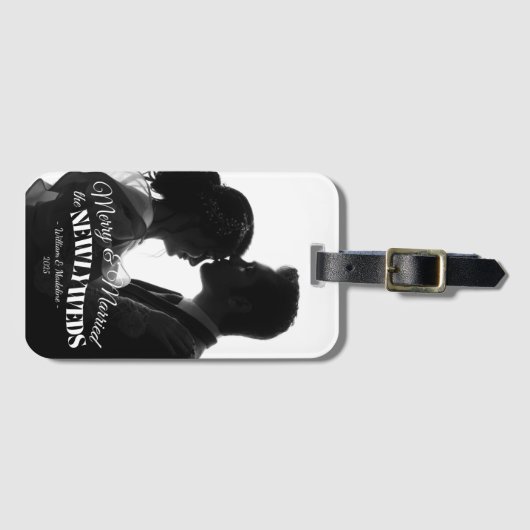 Elegant Modern Minimalist Black And White Newlywed ラゲッジタグ (正面横)