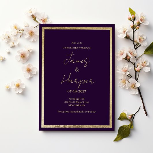 Elegant modern minimalist purple gold Wedding 招待状