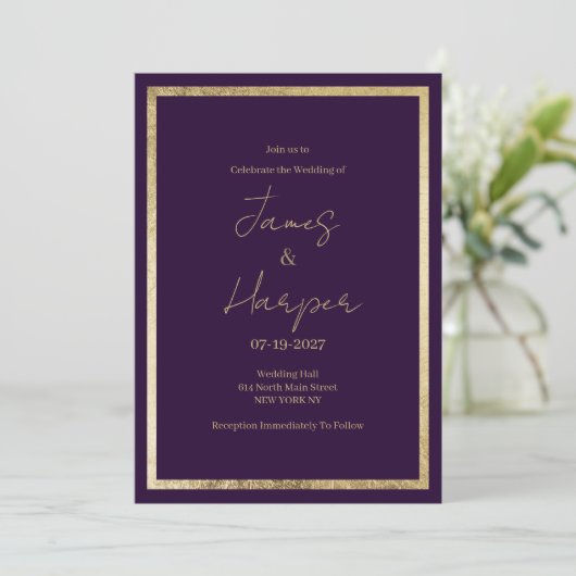 Elegant modern minimalist purple gold Wedding 招待状 (スタンド正面)
