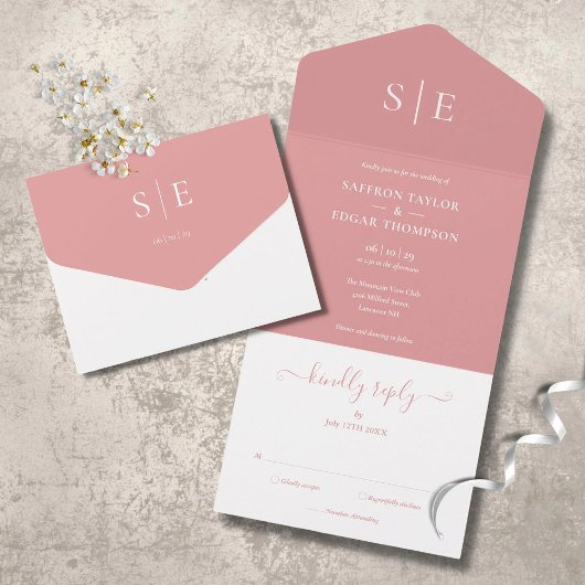 Elegant Modern Monogram Dusty Rose Wedding オールインワン招待状