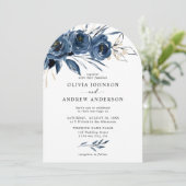 Elegant Modern Navy Blue Arch Floral Wedding 招待状 (スタンド正面)
