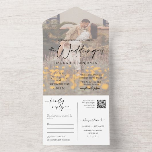 Elegant Modern Navy Blue Boho Arch QR Code Photo  オールインワン招待状 (内側)