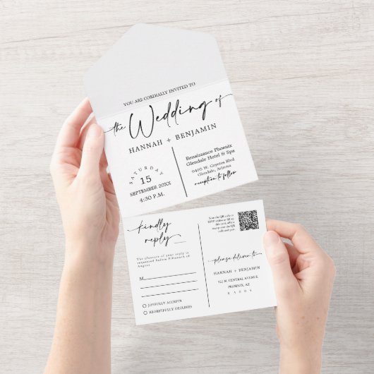 Elegant Modern Navy Blue Boho Arch QR Code Photo  オールインワン招待状 (貼ってはがせる)