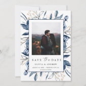 Elegant Modern Navy Blue Botanical Photo Wedding  セーブザデート (正面)