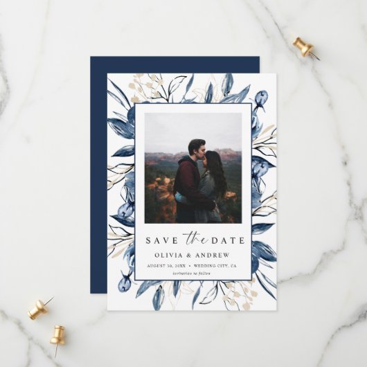 Elegant Modern Navy Blue Botanical Photo Wedding  セーブザデート (正面/裏面インサイチュ)