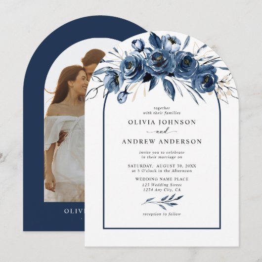 Elegant Modern Navy Blue Floral Arch Photo Wedding 招待状 (正面/裏面)