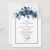 Elegant Modern Navy Blue Floral Arch Photo Wedding 招待状 (正面)