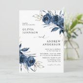 Elegant Modern Navy Blue Floral Wedding 招待状 (スタンド正面)