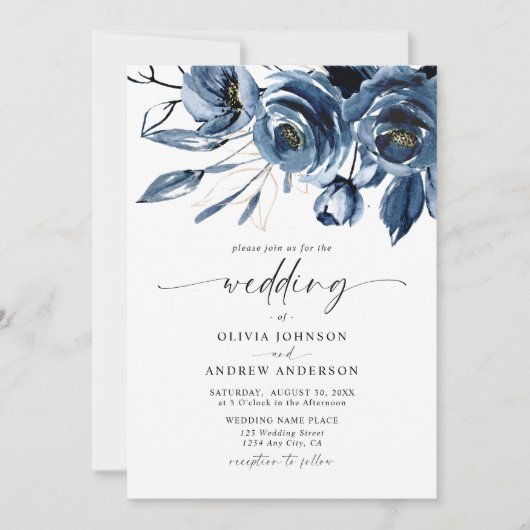 Elegant Modern Navy Blue Flowers & Script Wedding 招待状 (正面)