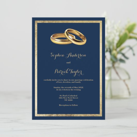 Elegant modern navy blue gold rings Wedding 招待状 (スタンド正面)