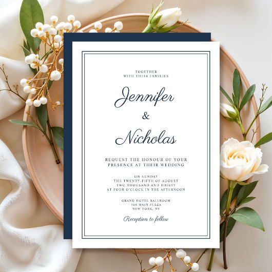 Elegant Modern Navy Blue Script Wedding 招待状
