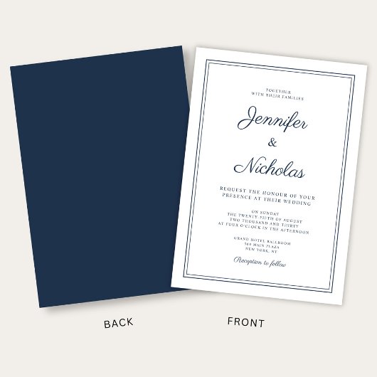 Elegant Modern Navy Blue Script Wedding 招待状