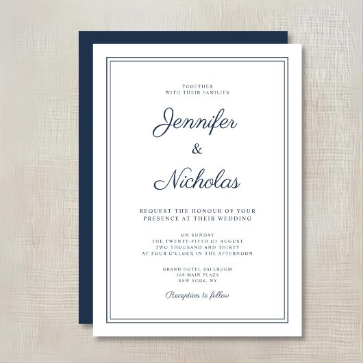 Elegant Modern Navy Blue Script Wedding 招待状