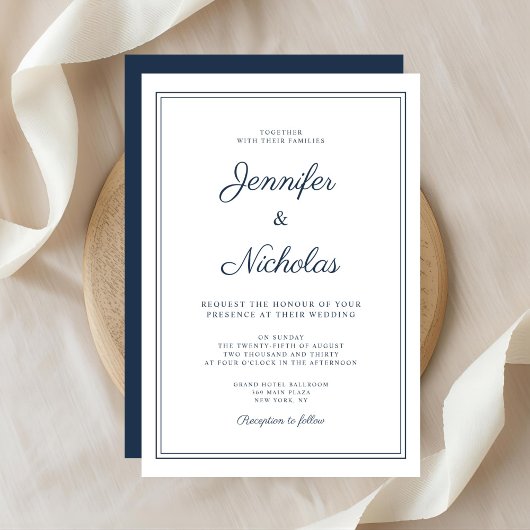 Elegant Modern Navy Blue Script Wedding 招待状