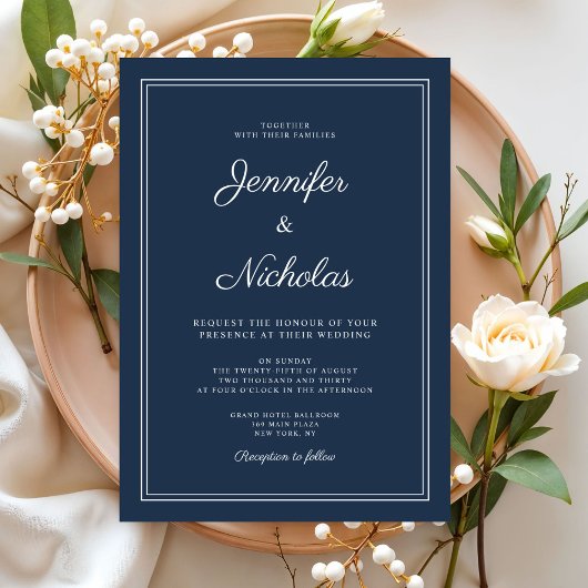 Elegant Modern Navy Blue Script Wedding 招待状