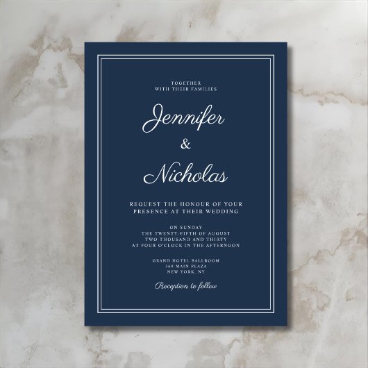 Elegant Modern Navy Blue Script Wedding 招待状