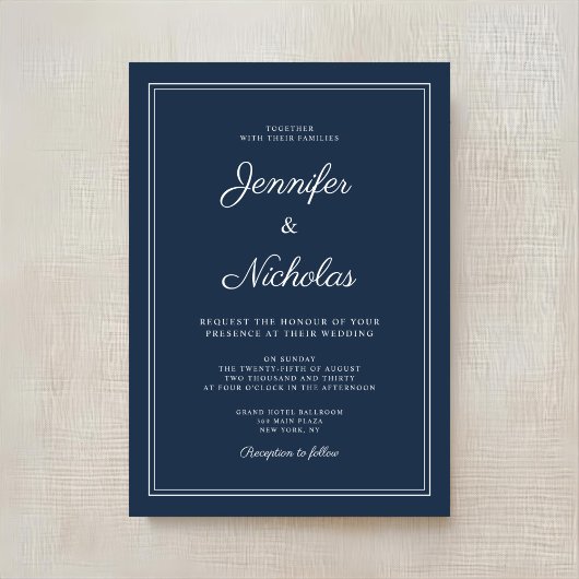 Elegant Modern Navy Blue Script Wedding 招待状