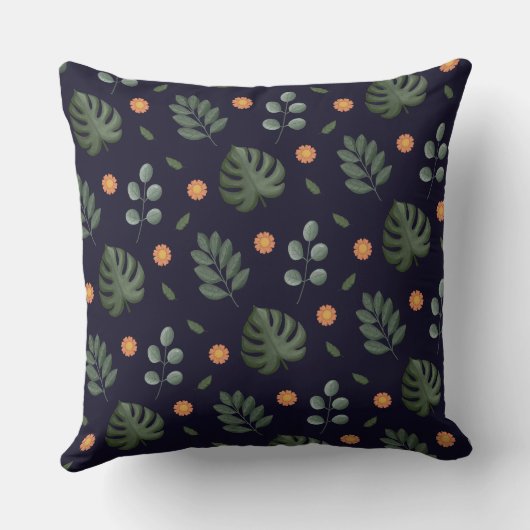 Elegant Modern Navy Botanical Leaf Floral クッション (裏面)