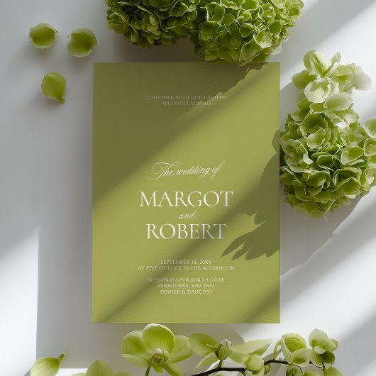Elegant Modern Olive Green & White Wedding 招待状