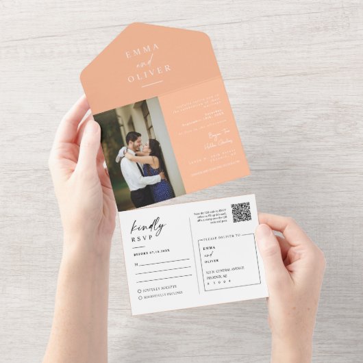 Elegant Modern Peach Boho QR Code Photo RSVP オールインワン招待状 (貼ってはがせる)