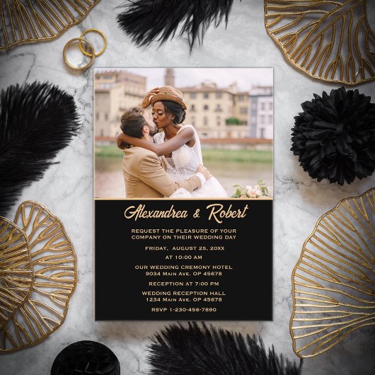 Elegant Modern Photo Gold Black Wedding  アクリル招待状