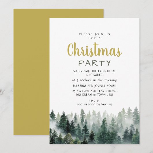 Elegant Modern Pine Forest Christmas Party 招待状 (正面/裏面)